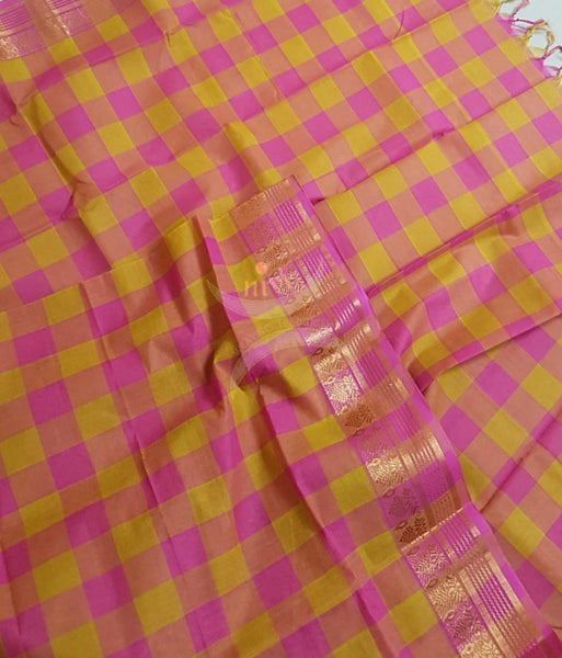 Pink with yellow South cotton chequared duppata with traditional zari border