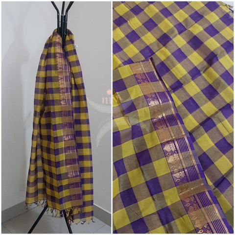 Purple with yellow South cotton chequared duppata with traditional zari border