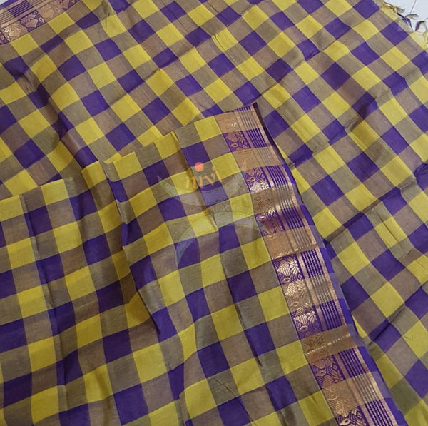 Purple with yellow South cotton chequared duppata with traditional zari border