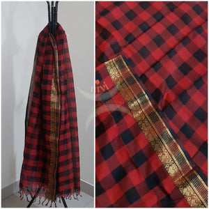 Black with red South cotton chequared duppata with traditional zari border