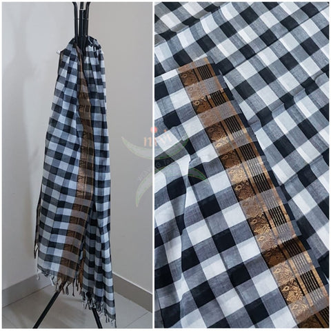 Black with white South cotton chequared duppata with traditional zari border