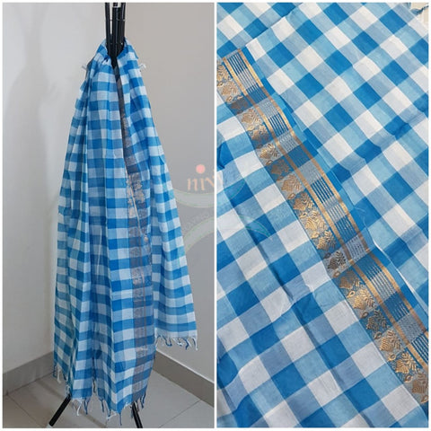 Blue with white South cotton chequared duppata with traditional zari border
