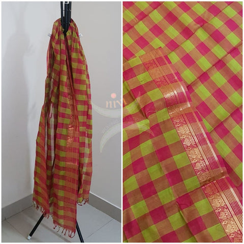 Pink with green South cotton chequared duppata with traditional zari border