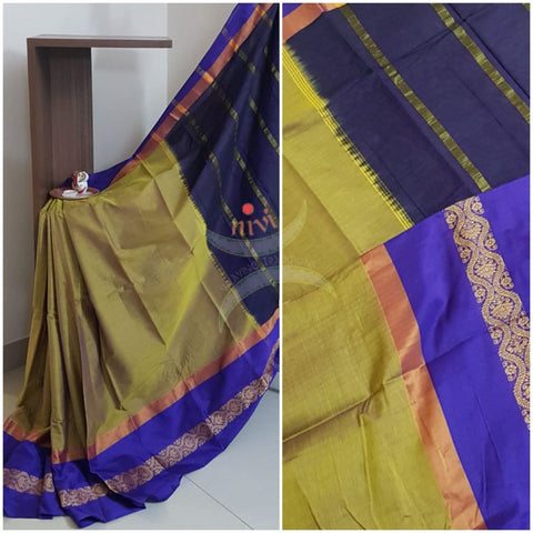 Green mercerised South cotton with contrasting blue woven traditional border