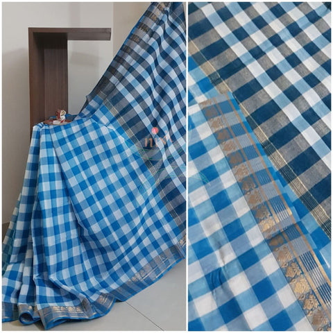 Blue with white South cotton chequared saree with traditional zari border