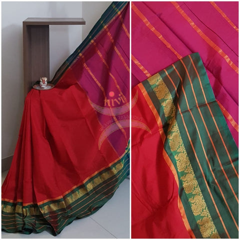 Red mercerised South cotton with contrasting green woven peacock border