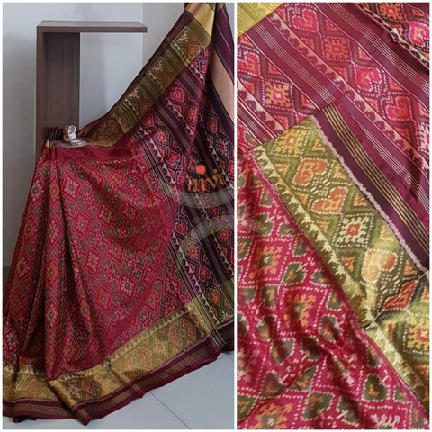 Red handloom patan patola silk saree with intricate woven pattern and subtle gold zari.