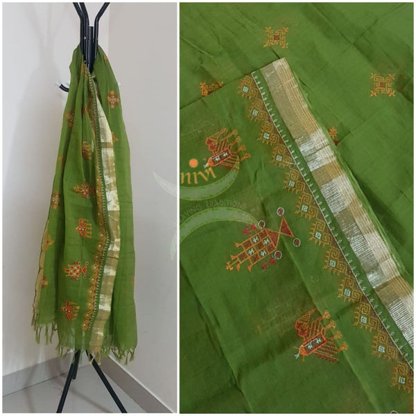 Green south kota cotton dupatta with machine kasuti embroidery