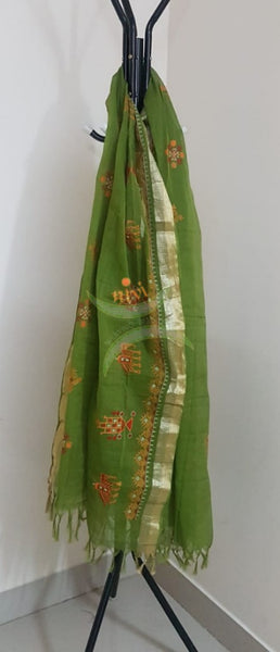 Green south kota cotton dupatta with machine kasuti embroidery