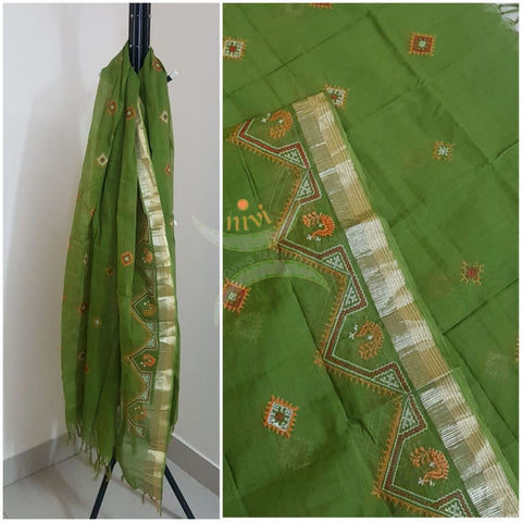 Green south kota cotton dupatta with machine kasuti embroidery