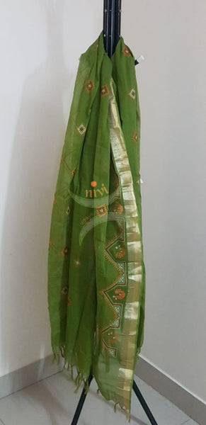 Green south kota cotton dupatta with machine kasuti embroidery