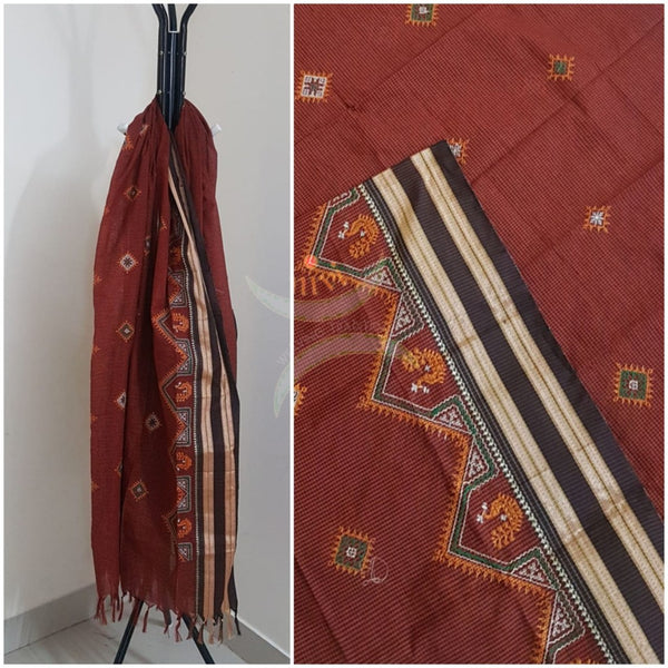 Brown narayanpet cotton check dupatta with machine kasuti embroidery