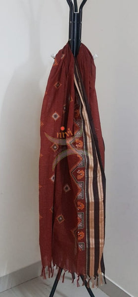 Brown narayanpet cotton check dupatta with machine kasuti embroidery