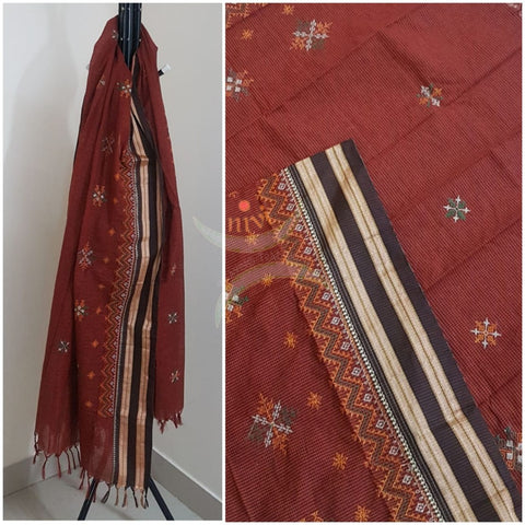 Brown narayanpet cotton check dupatta with machine kasuti embroidery
