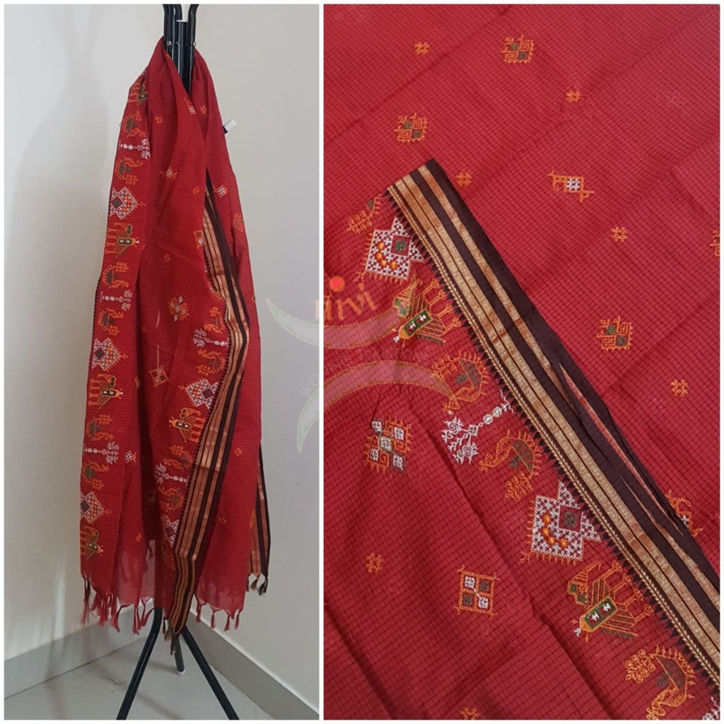 Red south kota cotton dupatta with machine kasuti embroidery