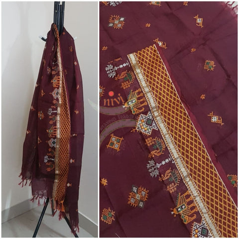 Maroon south kota cotton dupatta with machine kasuti embroidery