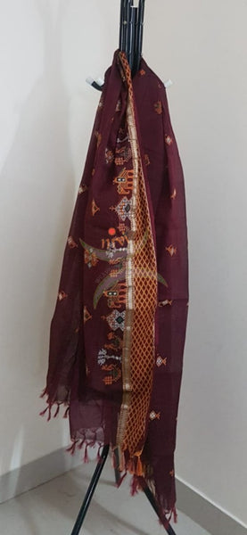 Maroon south kota cotton dupatta with machine kasuti embroidery