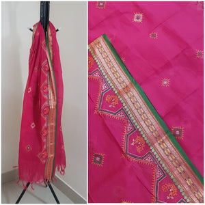 Pink south kota cotton dupatta with machine kasuti embroidery