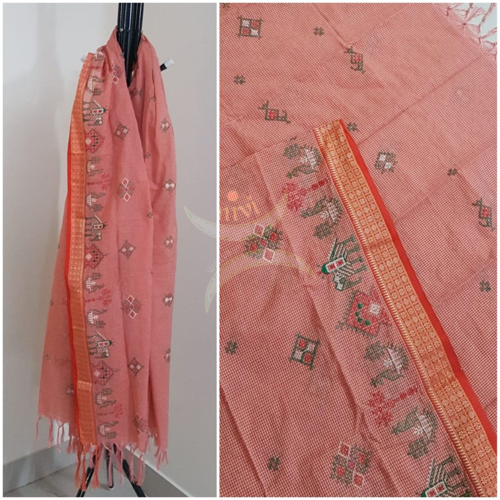 Orange narayanpet cotton checks dupatta with machine kasuti embroidery