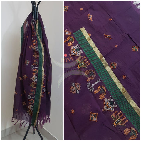 Purple south kota cotton dupatta with machine kasuti embroidery