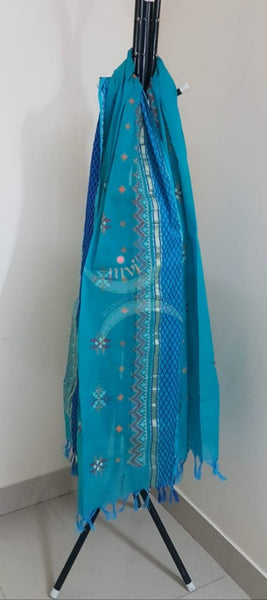 Blue south kota cotton dupatta with machine kasuti embroidery