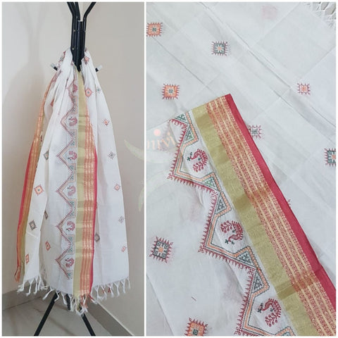 White south kota cotton dupatta with machine kasuti embroidery