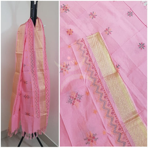 Pink south kota cotton dupatta with machine kasuti embroidery