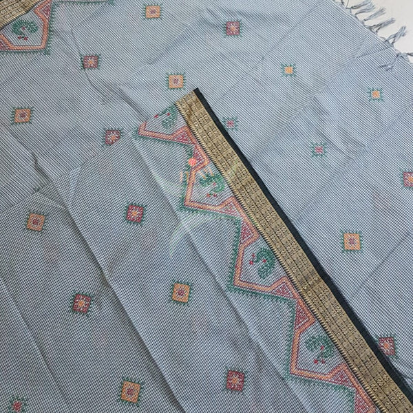 Grey narayanpet cotton check dupatta with machine kasuti embroidery