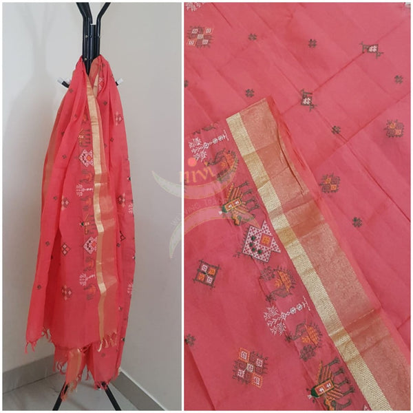 Peach  south kota cotton dupatta with machine kasuti embroidery