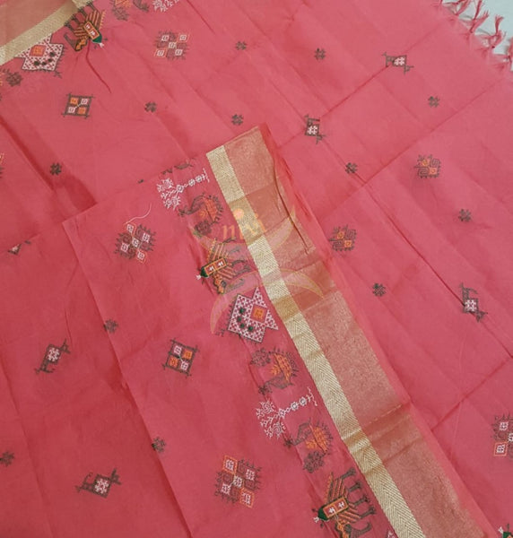 Peach  south kota cotton dupatta with machine kasuti embroidery