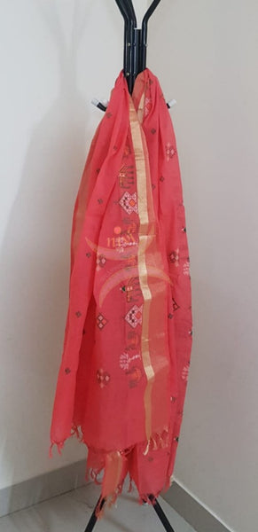 Peach  south kota cotton dupatta with machine kasuti embroidery