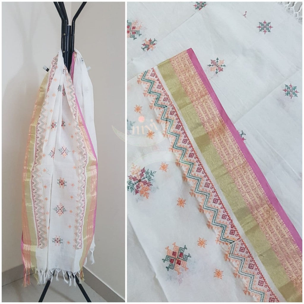 White south kota cotton dupatta with machine kasuti embroidery