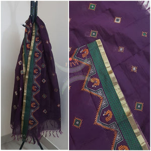 Purple south kota cotton dupatta with machine kasuti embroidery