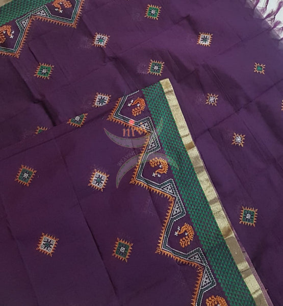 Purple south kota cotton dupatta with machine kasuti embroidery
