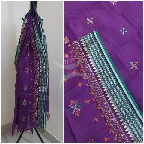 Purple narayanpet cotton check dupatta with machine kasuti embroidery