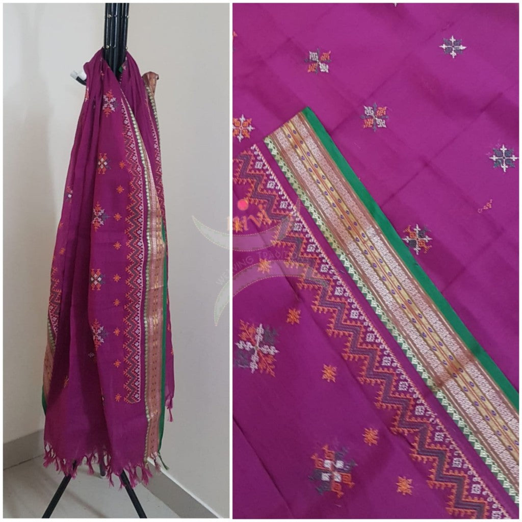 Pink south kota cotton dupatta with machine kasuti embroidery