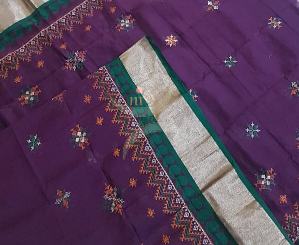 Purple south kota cotton dupatta with machine kasuti embroidery