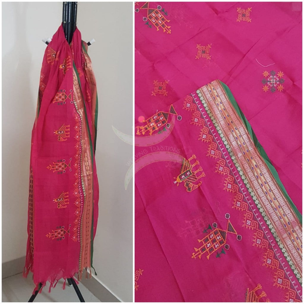 Pink south kota cotton dupatta with machine kasuti embroidery