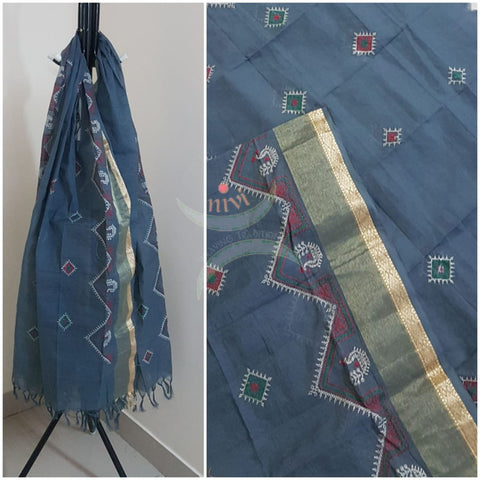 Grey south kota cotton dupatta with machine kasuti embroidery