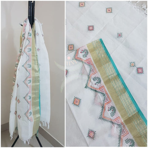 White south kota cotton dupatta with machine kasuti embroidery