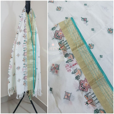 White south kota cotton dupatta with machine kasuti embroidery