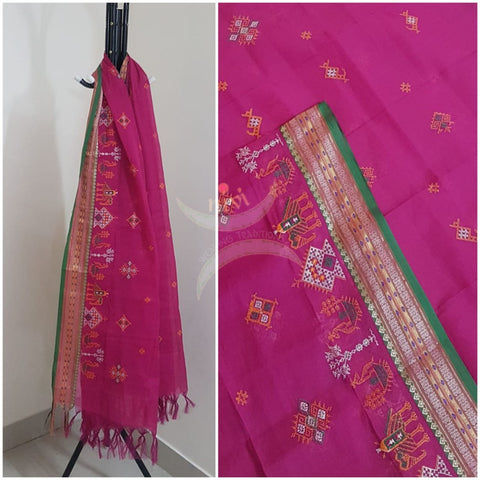 Pink south kota cotton dupatta with machine kasuti embroidery