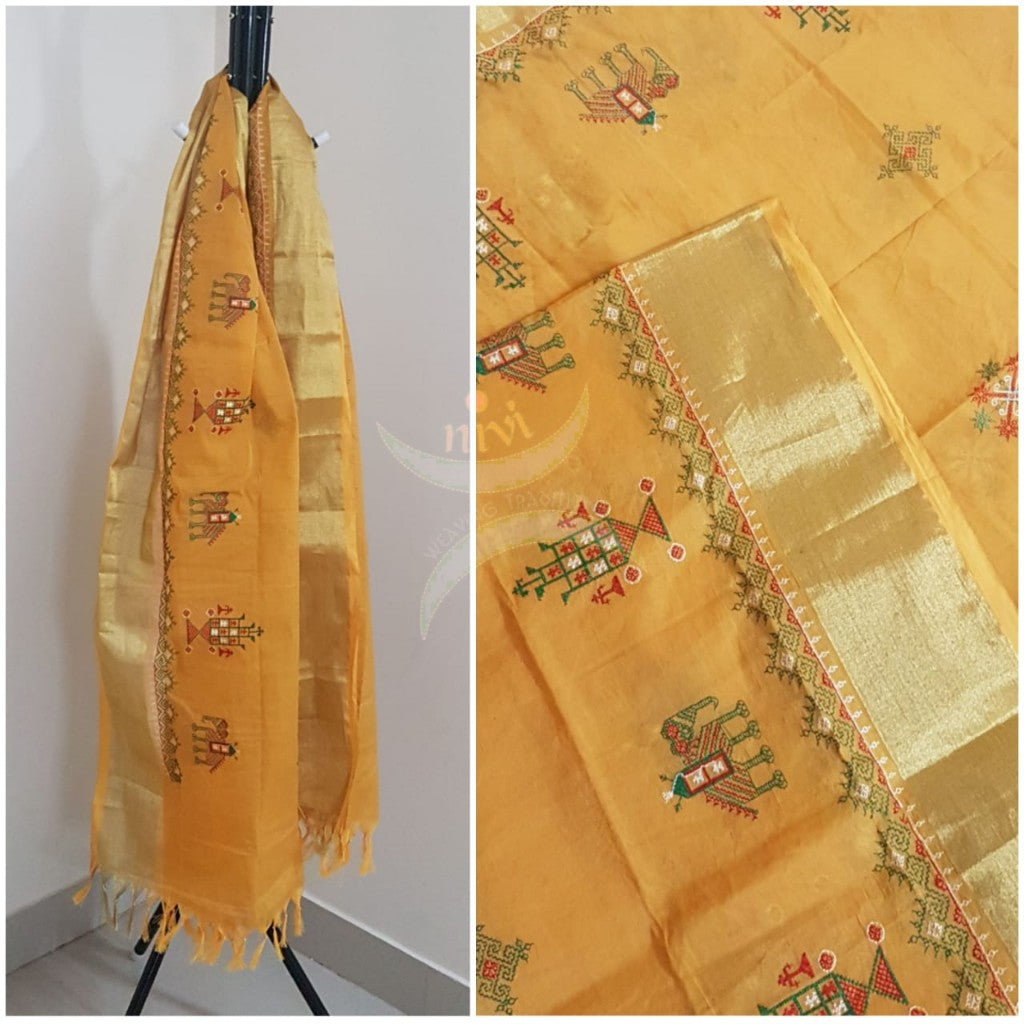 Yellow south kota cotton dupatta with machine kasuti embroidery