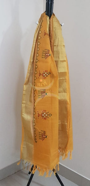 Yellow south kota cotton dupatta with machine kasuti embroidery