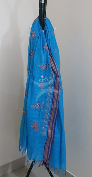 Blue narayanpet cotton check dupatta with machine kasuti embroidery