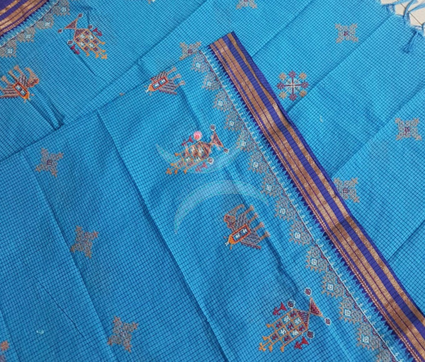 Blue narayanpet cotton check dupatta with machine kasuti embroidery