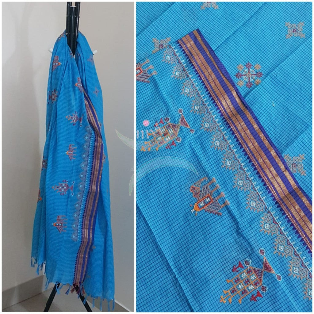 Blue narayanpet cotton check dupatta with machine kasuti embroidery