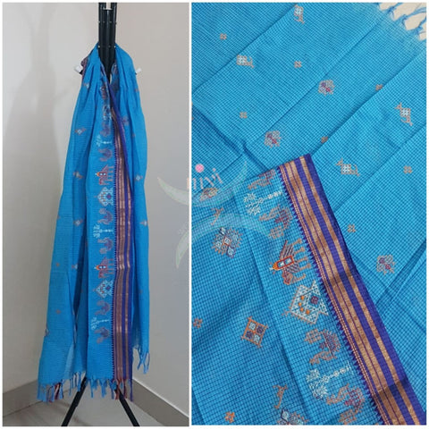 Blue narayanpet cotton check dupatta with machine kasuti embroidery