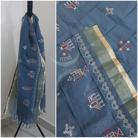 Grey south kota cotton dupatta with machine kasuti embroidery