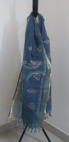 Grey south kota cotton dupatta with machine kasuti embroidery